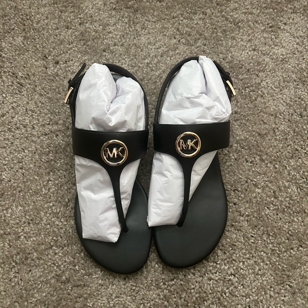 Michael Kors Black T-Strap Sandals Gold MK Logo Flat Summer Shoes